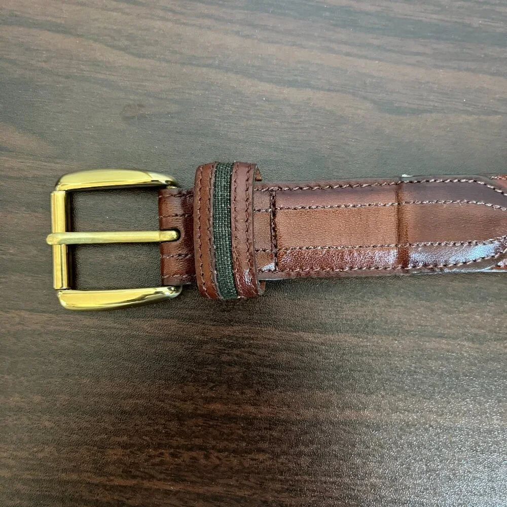 Cole Haan Men’s Brown Grey Leather Brass Buckle Belt Quiet Luxury Sz 36/90